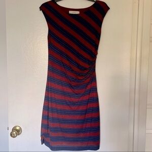 LOFT- Ann Taylor- Dress Burgundy w blue/black horizontal stripes, cap sleeves XS